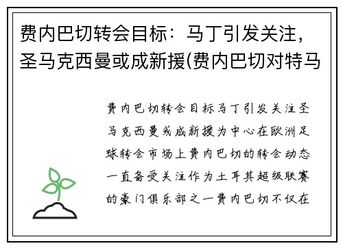 费内巴切转会目标：马丁引发关注，圣马克西曼或成新援(费内巴切对特马卡比)
