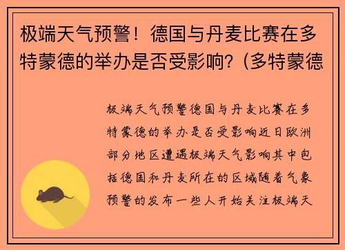 极端天气预警！德国与丹麦比赛在多特蒙德的举办是否受影响？(多特蒙德丹麦中场)